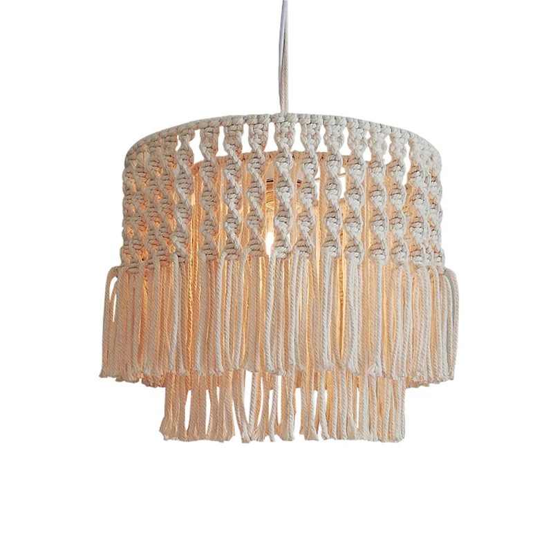 Jute touw gelaagde plafondlamp met kwastjes, landelijke 1-lichts woonkamer slingerlamp beige Clearhalo
