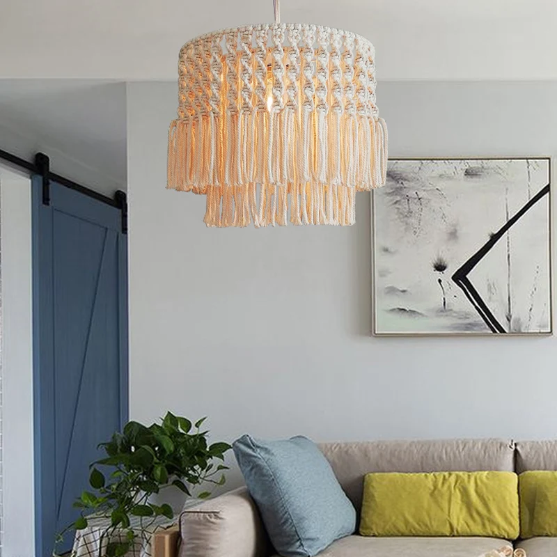 Jute touw gelaagde plafondlamp met kwastjes, landelijke 1-lichts woonkamer slingerlamp beige Clearhalo