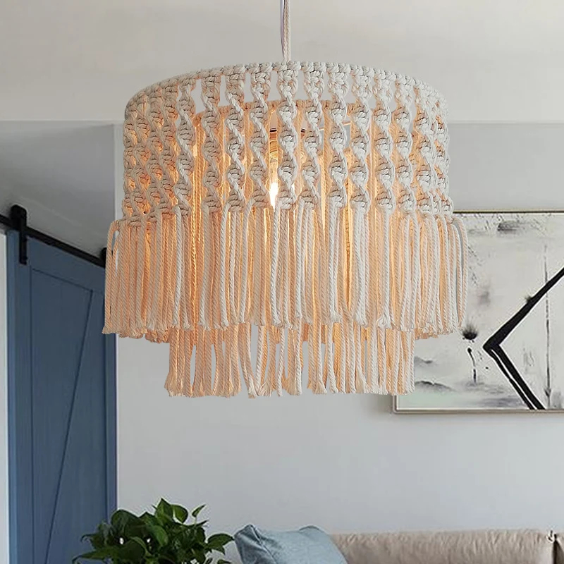Jute touw gelaagde plafondlamp met kwastjes, landelijke 1-lichts woonkamer slingerlamp beige Clearhalo