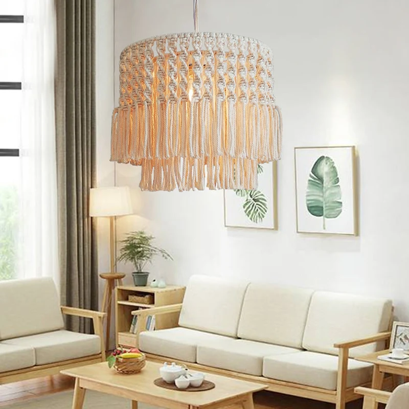 Jute touw gelaagde plafondlamp met kwastjes, landelijke 1-lichts woonkamer slingerlamp beige Clearhalo