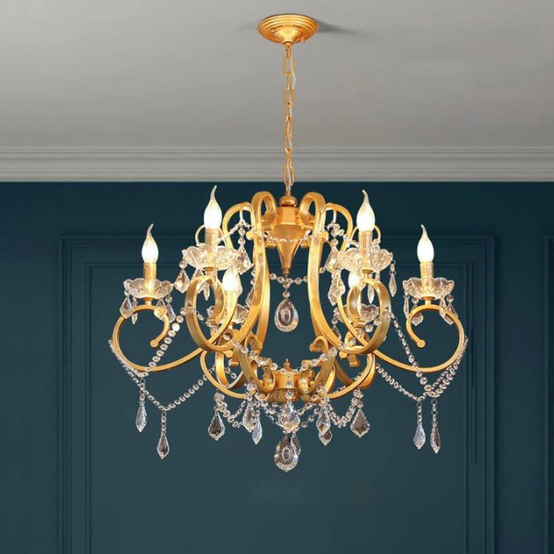 Kaars Eetkamer Hangende Plafondlamp Kristal Druppel 6 Hoofden Postmoderne Kroonluchterlamp Messing Clearhalo