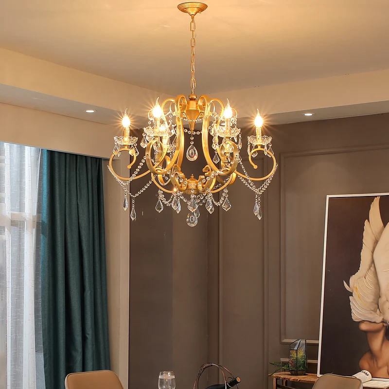 Kaars Eetkamer Hangende Plafondlamp Kristal Druppel 6 Hoofden Postmoderne Kroonluchterlamp Messing Clearhalo