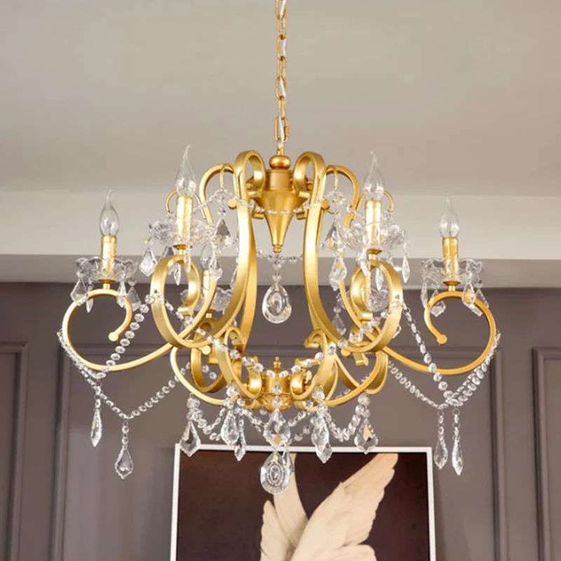 Kaars Eetkamer Hangende Plafondlamp Kristal Druppel 6 Hoofden Postmoderne Kroonluchterlamp Messing Clearhalo