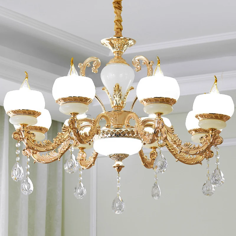 Kaars Jade Hangende Kroonluchter Vintage 6/8-Lichte Eetkamer Hanglamp Goud met Kristallen Drapering Clearhalo