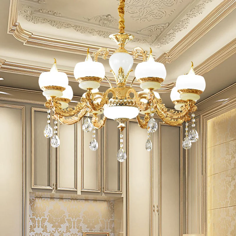 Kaars Jade Hangende Kroonluchter Vintage 6/8-Lichte Eetkamer Hanglamp Goud met Kristallen Drapering Clearhalo