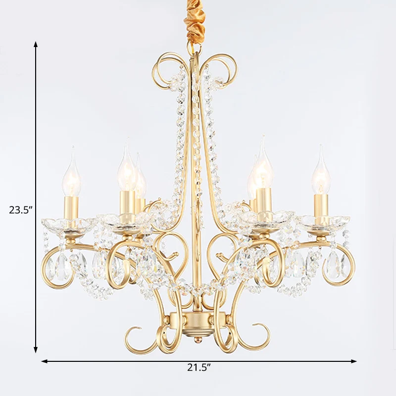 Kaars Metaal en Kristal Plafondlamp Traditionele 3/6 Lichten Woonkamer Kroonluchter Licht met Gouden Curve Arm Clearhalo