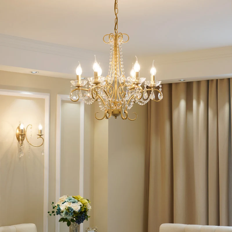 Kaars Metaal en Kristal Plafondlamp Traditionele 3/6 Lichten Woonkamer Kroonluchter Licht met Gouden Curve Arm Clearhalo
