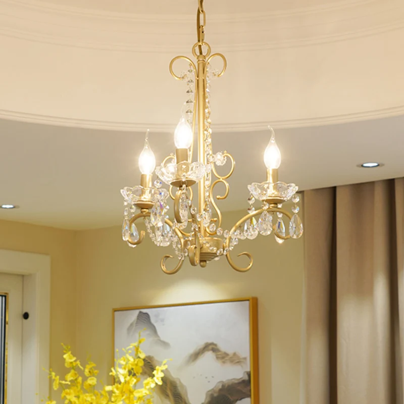 Kaars Metaal en Kristal Plafondlamp Traditionele 3/6 Lichten Woonkamer Kroonluchter Licht met Gouden Curve Arm Clearhalo