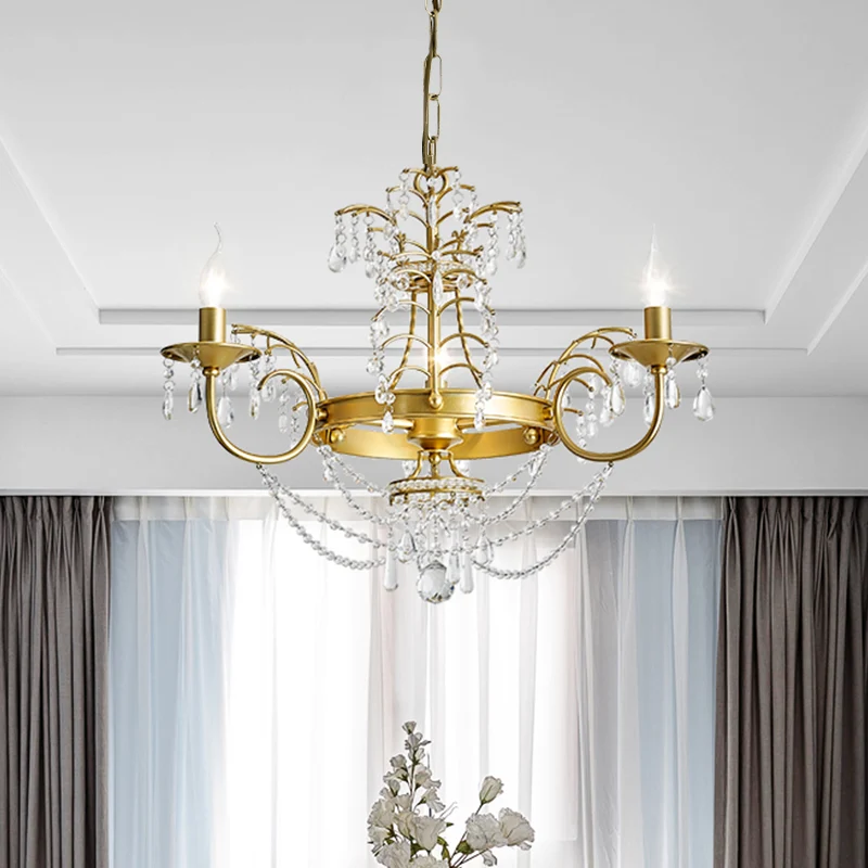 Kaars Woonkamer Hanglamp Kit Moderne Swag Crystal Strand 3 Lampen Gouden Hangende Kroonluchter Clearhalo