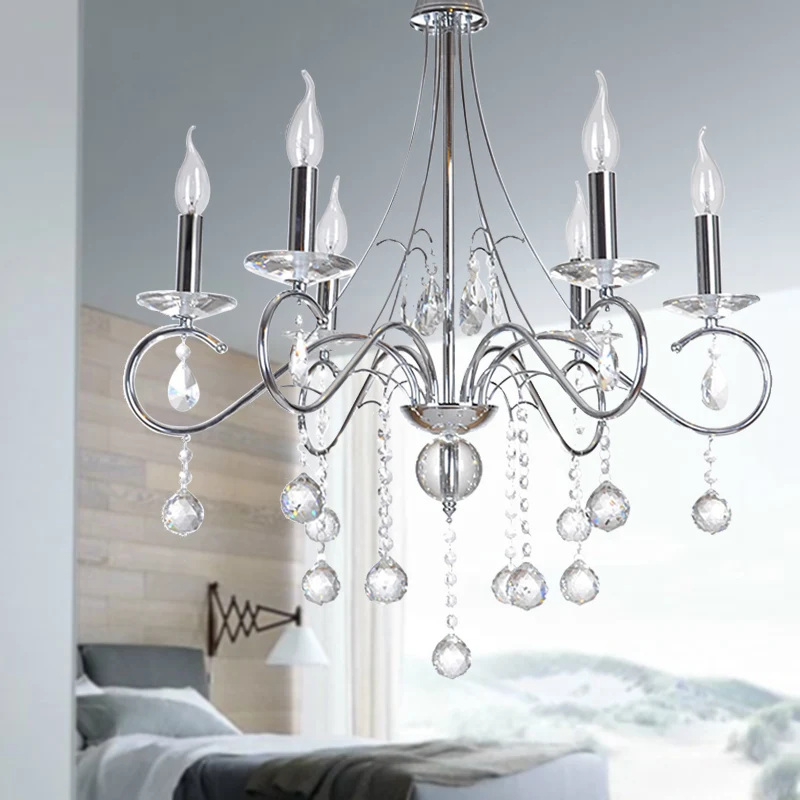 Kaars Woonkamer Kroonluchter Verlichting Traditioneel Metaal 6 Koppen Zilver Hanglamp met Kristallen Bol Decoratie Clearhalo