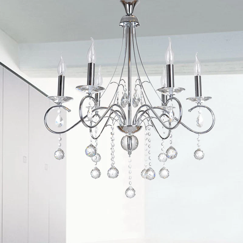 Kaars Woonkamer Kroonluchter Verlichting Traditioneel Metaal 6 Koppen Zilver Hanglamp met Kristallen Bol Decoratie Clearhalo