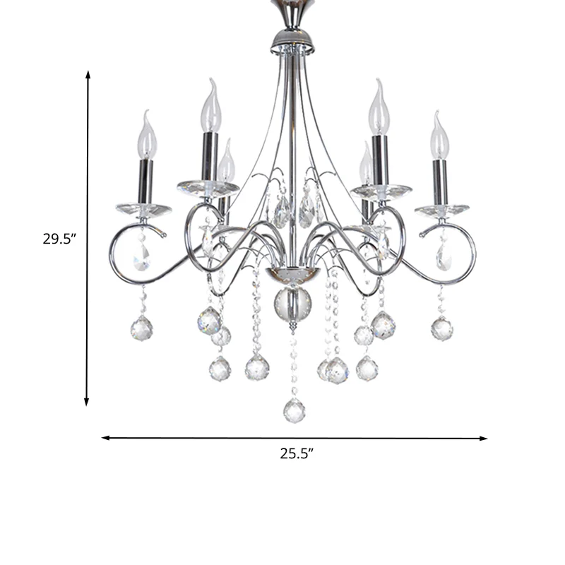 Kaars Woonkamer Kroonluchter Verlichting Traditioneel Metaal 6 Koppen Zilver Hanglamp met Kristallen Bol Decoratie Clearhalo