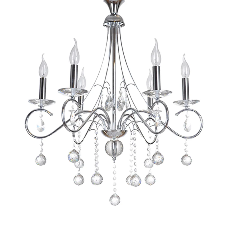 Kaars Woonkamer Kroonluchter Verlichting Traditioneel Metaal 6 Koppen Zilver Hanglamp met Kristallen Bol Decoratie Clearhalo