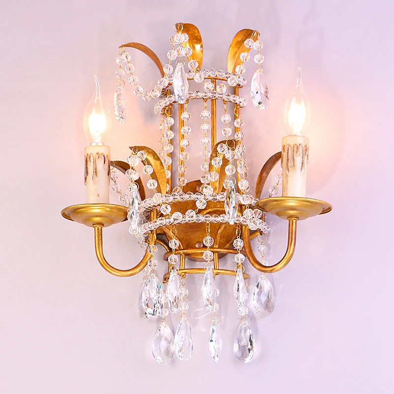 Kaarsengang wandverlichting vintage metallic 2-kops gouden wandlamp met kristallen accenten Clearhalo