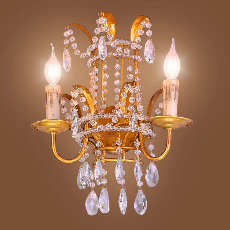 Kaarsengang wandverlichting vintage metallic 2-kops gouden wandlamp met kristallen accenten Clearhalo