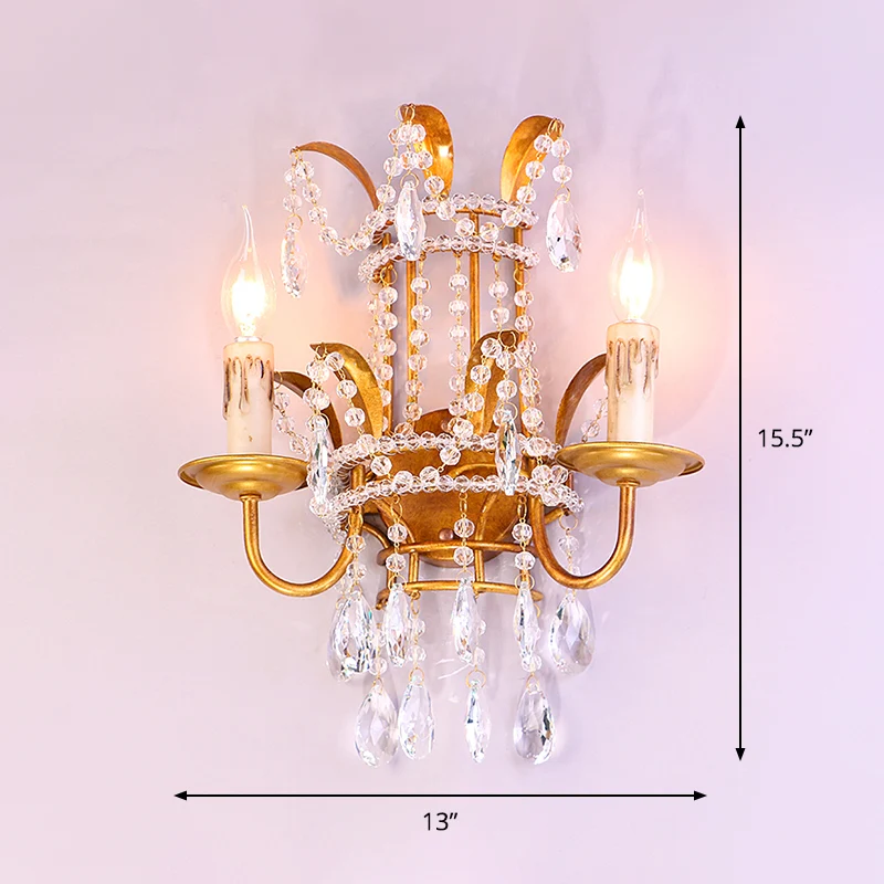 Kaarsengang wandverlichting vintage metallic 2-kops gouden wandlamp met kristallen accenten Clearhalo