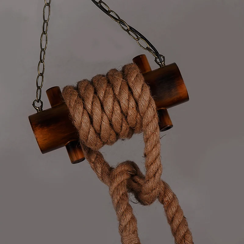 Kale lamp hanglamp vintage tweekoppig bruin bamboe plafondarmatuur met henneptouw voor woonkamer Clearhalo