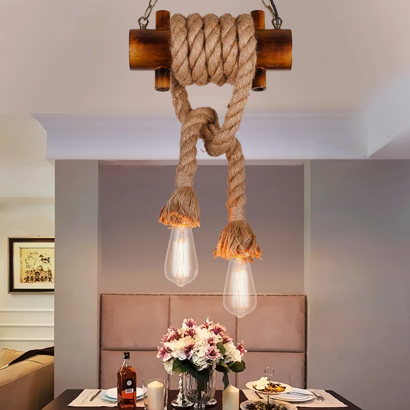 Kale lamp hanglamp vintage tweekoppig bruin bamboe plafondarmatuur met henneptouw voor woonkamer Clearhalo