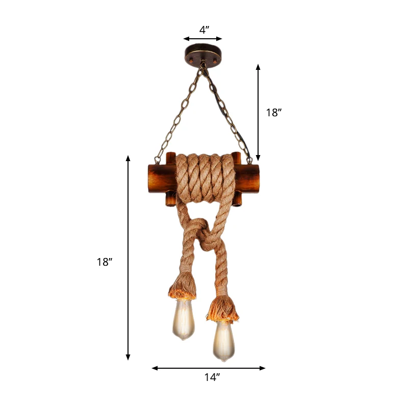 Kale lamp hanglamp vintage tweekoppig bruin bamboe plafondarmatuur met henneptouw voor woonkamer Clearhalo
