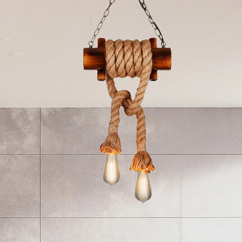 Kale lamp hanglamp vintage tweekoppig bruin bamboe plafondarmatuur met henneptouw voor woonkamer Clearhalo