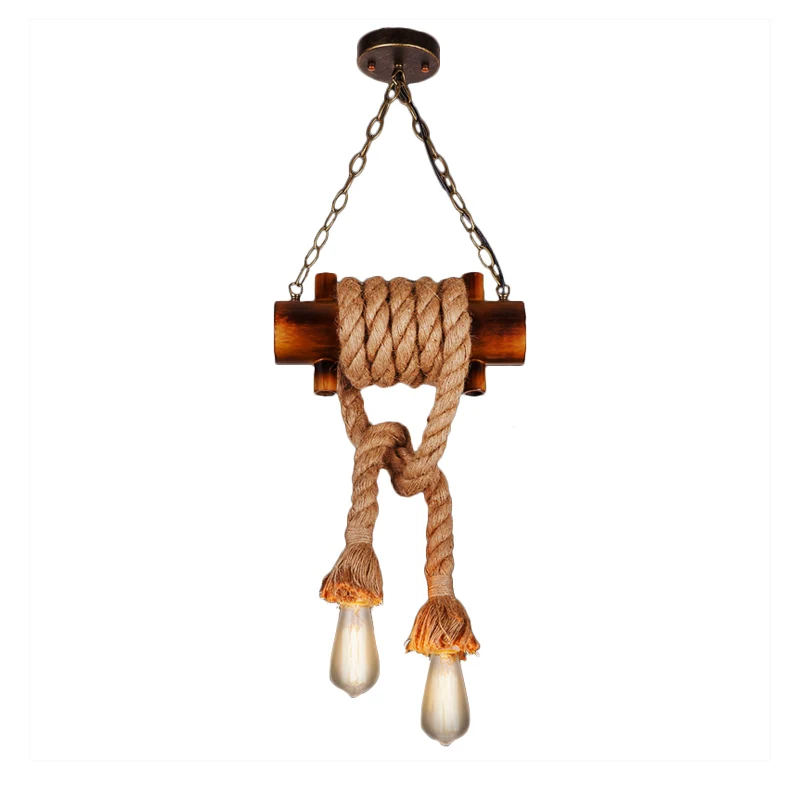 Kale lamp hanglamp vintage tweekoppig bruin bamboe plafondarmatuur met henneptouw voor woonkamer Clearhalo