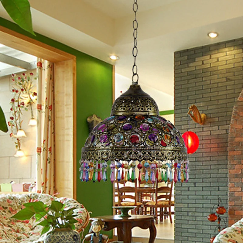Kalebas Bistro hangende hanger Boheemse stijl metaal 1 lamp brons/koper plafondlamp met franje en kralendecor, 12"/16" W C...