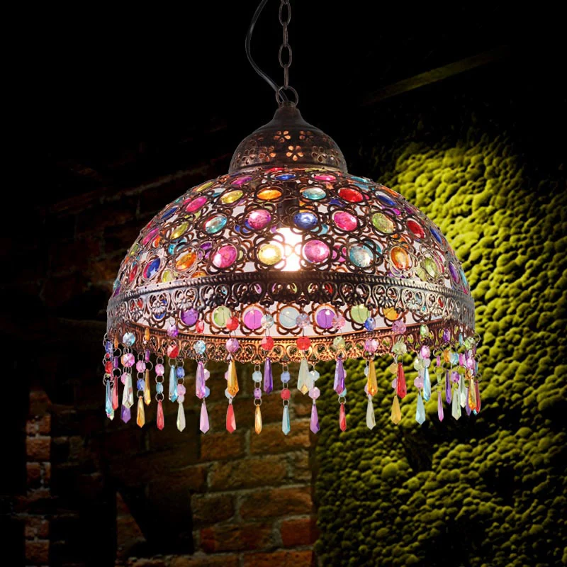 Kalebas Bistro hangende hanger Boheemse stijl metaal 1 lamp brons/koper plafondlamp met franje en kralendecor, 12"/16" W C...