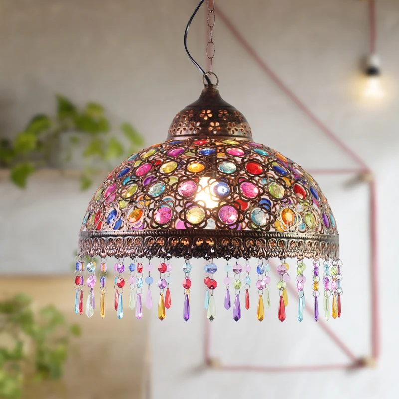 Kalebas Bistro hangende hanger Boheemse stijl metaal 1 lamp brons/koper plafondlamp met franje en kralendecor, 12"/16" W C...