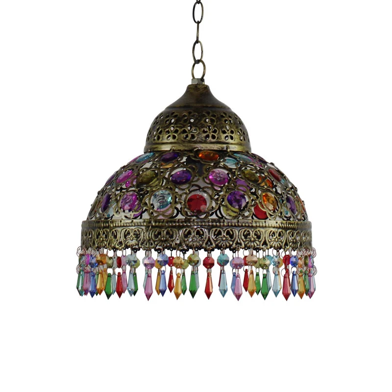 Kalebas Bistro hangende hanger Boheemse stijl metaal 1 lamp brons/koper plafondlamp met franje en kralendecor, 12"/16" W C...