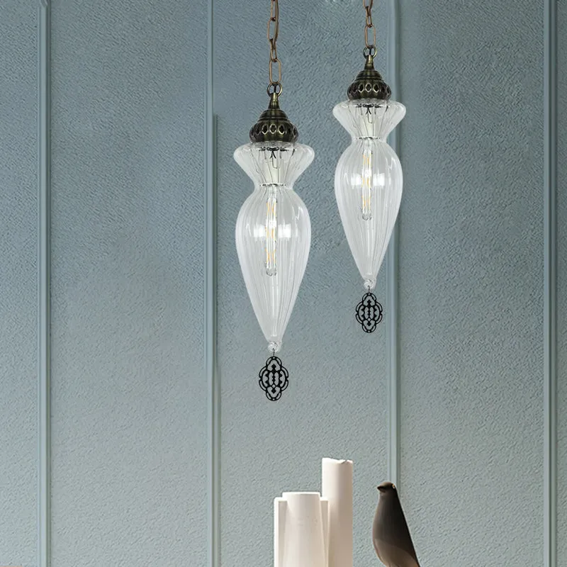 Kalebas Eetkamer Hangende plafondlamp Traditioneel helder geribbeld glas 1-kops hanglampset Clearhalo