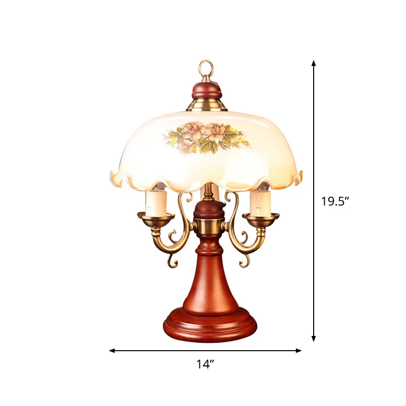 Kandelaar houten tafellamp Amerikaanse bloem 2 lampen Slaapkamer nachtkastje licht roodbruin met brede kom glazen kap Clea...