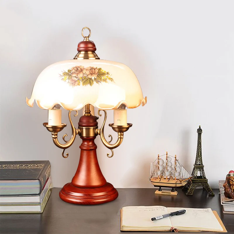 Kandelaar houten tafellamp Amerikaanse bloem 2 lampen Slaapkamer nachtkastje licht roodbruin met brede kom glazen kap Clea...