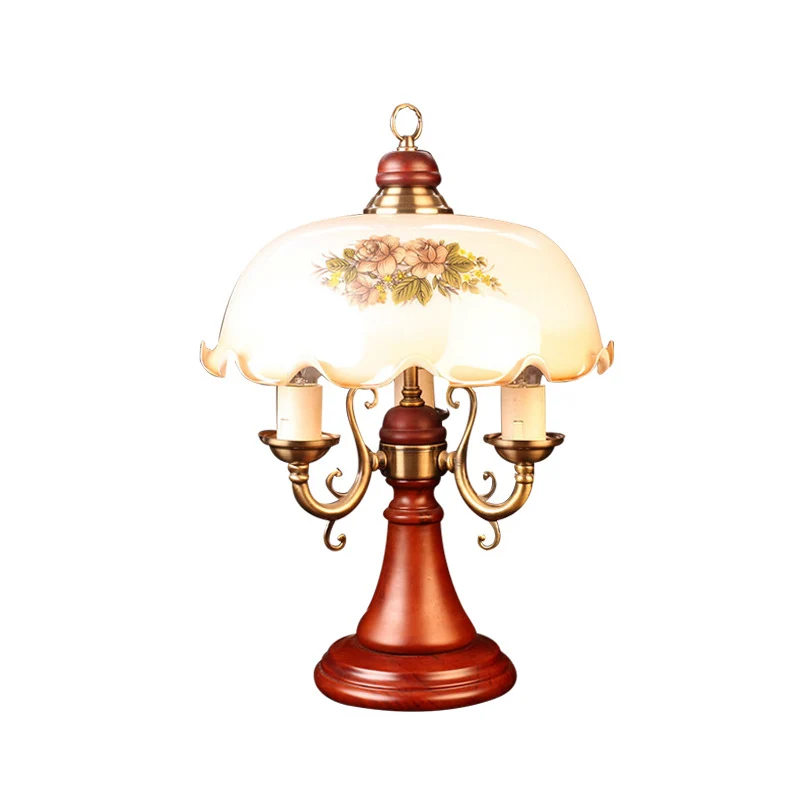 Kandelaar houten tafellamp Amerikaanse bloem 2 lampen Slaapkamer nachtkastje licht roodbruin met brede kom glazen kap Clea...