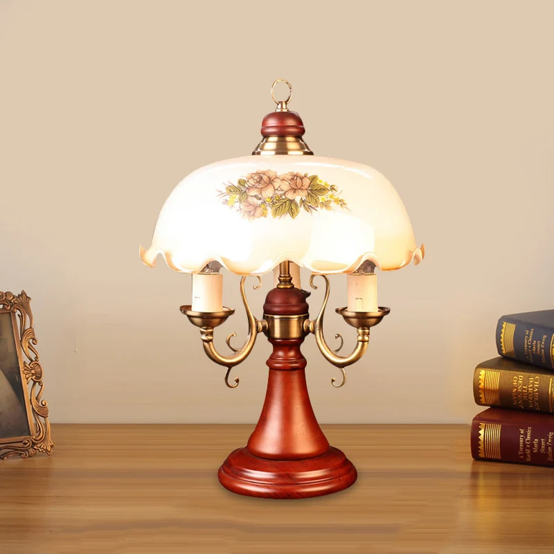 Kandelaar houten tafellamp Amerikaanse bloem 2 lampen Slaapkamer nachtkastje licht roodbruin met brede kom glazen kap Clea...