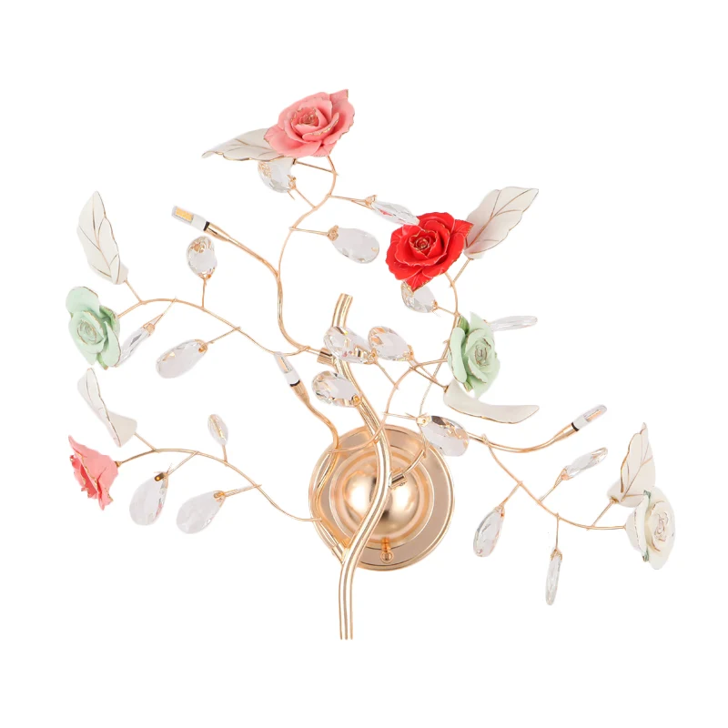 Keramische bloemwijnstok-wandlamp Romantische pastorale 2-lamps nachtkastjeverlichtingsideeën goud Clearhalo