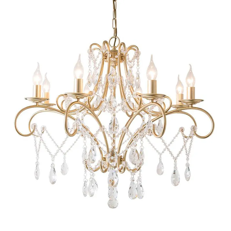 Keukenkroonluchter met gebogen armverlichting Landelijk kristal 6/8 licht Gouden hangende hanglamp Clearhalo
