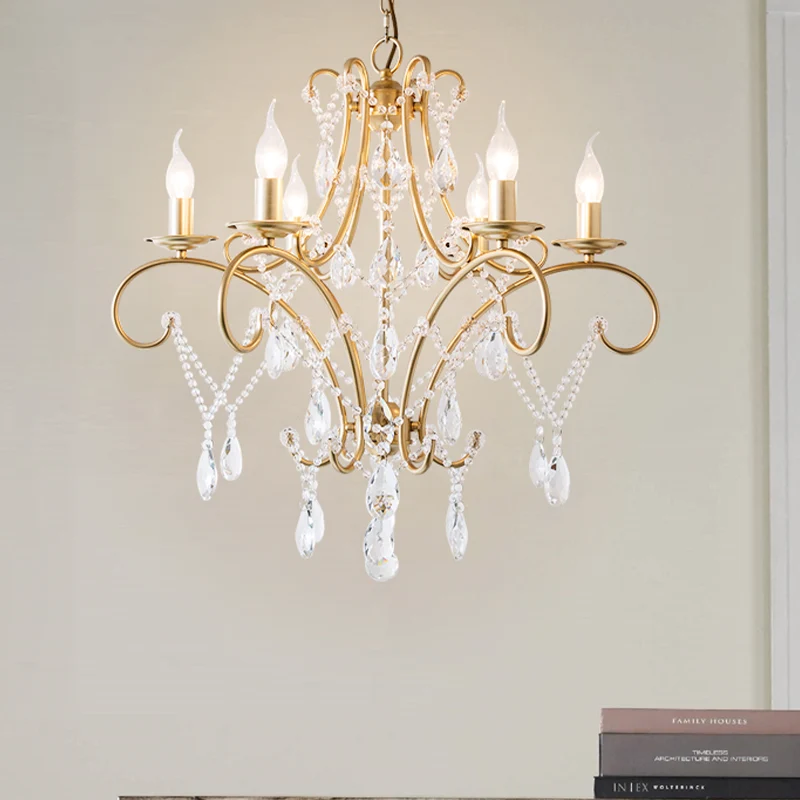 Keukenkroonluchter met gebogen armverlichting Landelijk kristal 6/8 licht Gouden hangende hanglamp Clearhalo