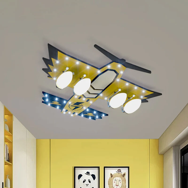 Kids Fighter Jet Wood inbouwplafondlamp met 4 koppen geel voor jongenskamer Clearhalo