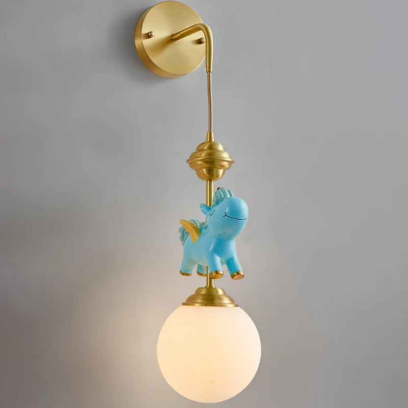Kids Globe wandmontage wit glas enkele kop slaapkamer wandgemonteerde lamp messing met roze/blauw eenhoorndecor Clearhalo