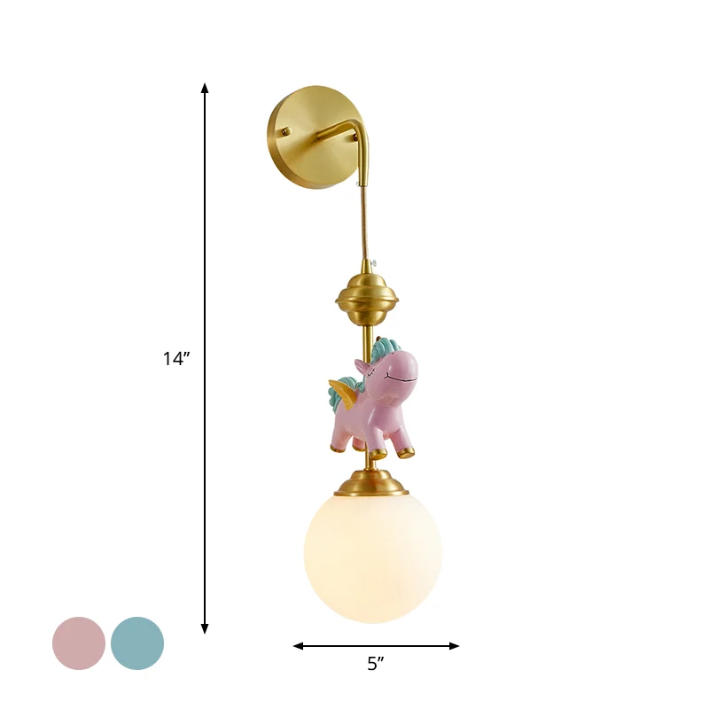 Kids Globe wandmontage wit glas enkele kop slaapkamer wandgemonteerde lamp messing met roze/blauw eenhoorndecor Clearhalo