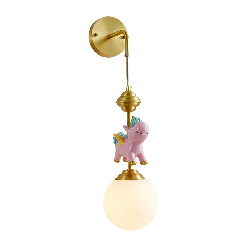 Kids Globe wandmontage wit glas enkele kop slaapkamer wandgemonteerde lamp messing met roze/blauw eenhoorndecor Clearhalo