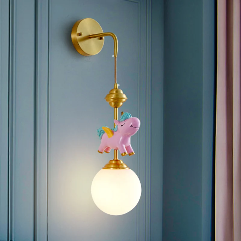 Kids Globe wandmontage wit glas enkele kop slaapkamer wandgemonteerde lamp messing met roze/blauw eenhoorndecor Clearhalo