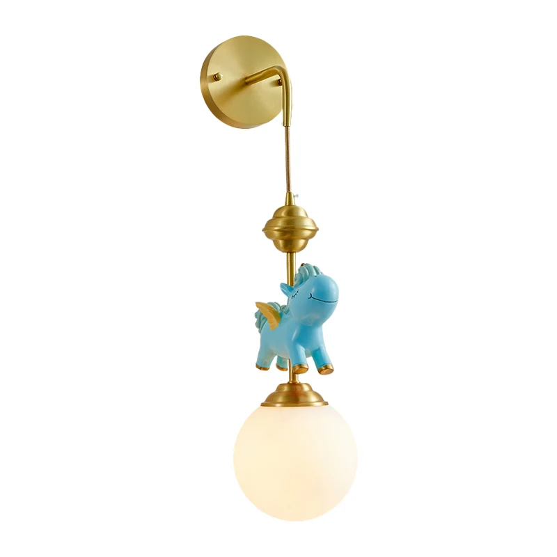 Kids Globe wandmontage wit glas enkele kop slaapkamer wandgemonteerde lamp messing met roze/blauw eenhoorndecor Clearhalo