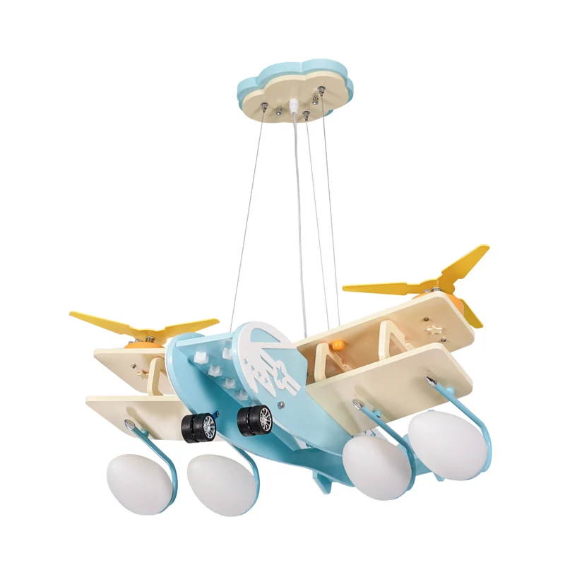 Kinderbombervliegtuig houten druppellamp 4-kops kroonluchter hanglamp lichtblauw met bomwitte glazen kap Clearhalo