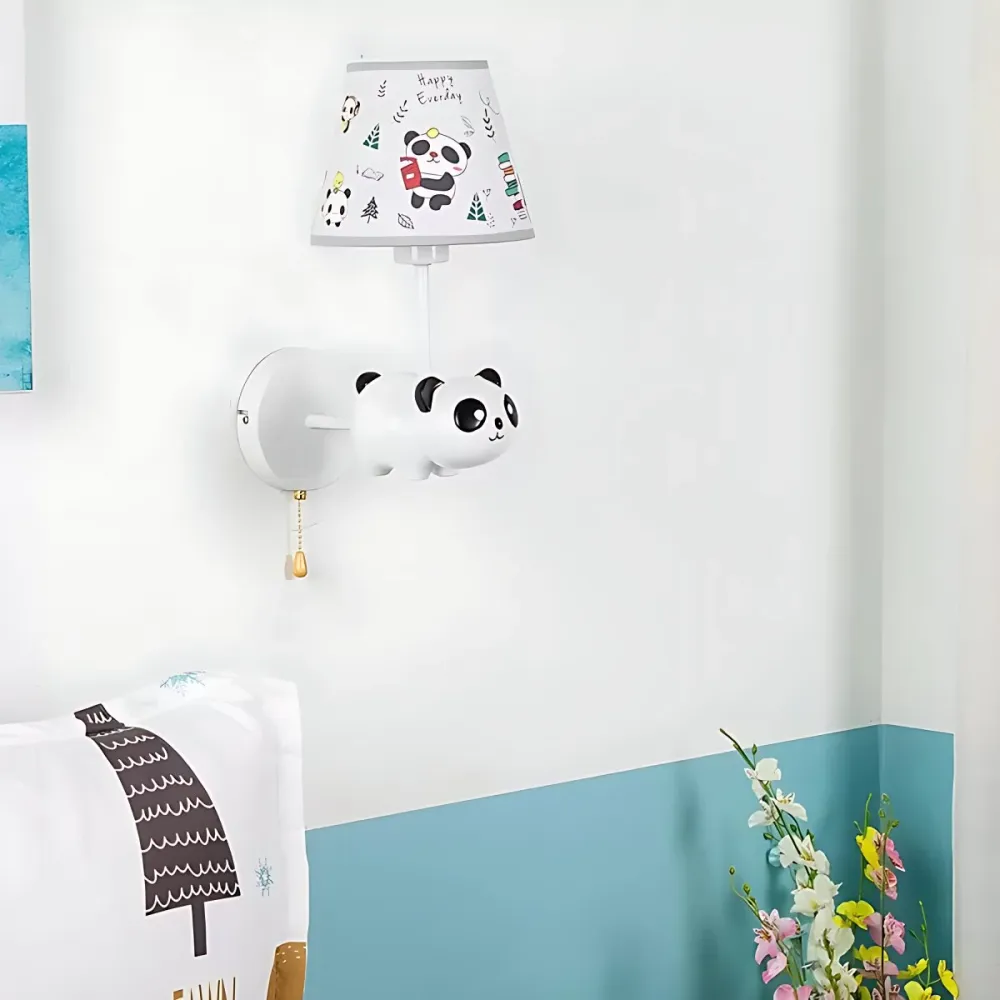 Kindergarten Panda Sconce Light met stoffen kap hars 1 hoofd dier witte wandlamp Clearhalo