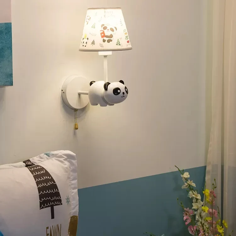 Kindergarten Panda Sconce Light met stoffen kap hars 1 hoofd dier witte wandlamp Clearhalo