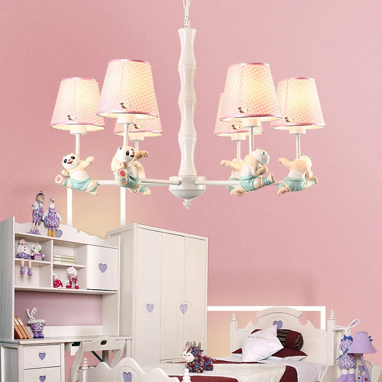 Kleuterschool taps toelopende schaduw hanglamp van stof en metaal Panda-kroonluchter blauw/roze Clearhalo