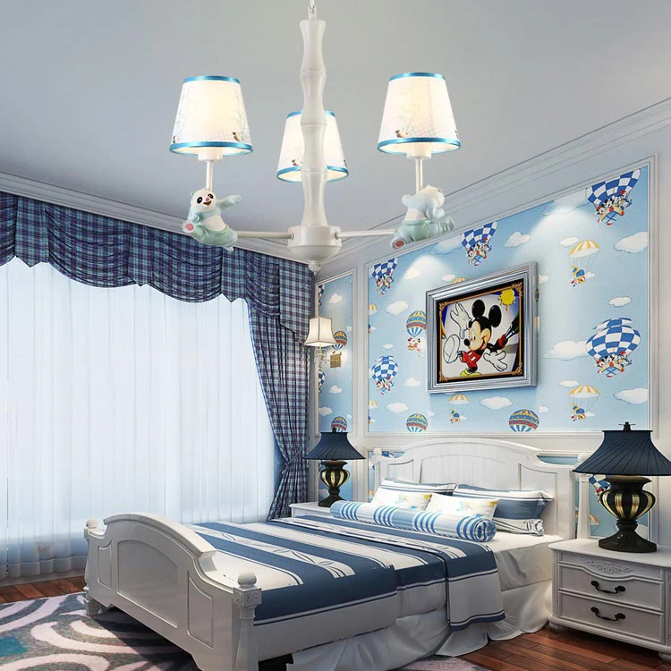 Kleuterschool taps toelopende schaduw hanglamp van stof en metaal Panda-kroonluchter blauw/roze Clearhalo