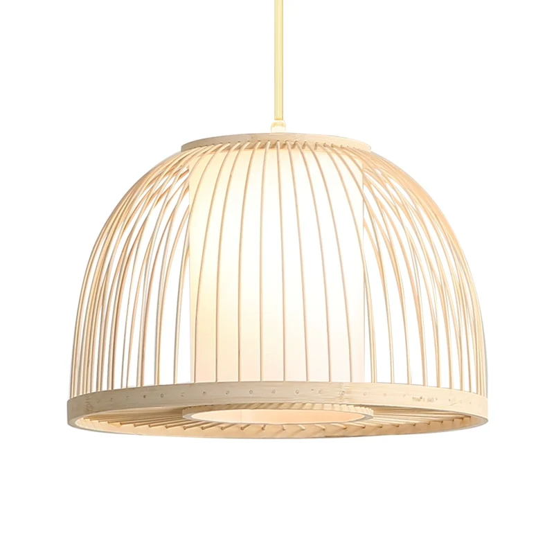 Koepel hanglamp modernisme bamboe 1 lamp 14"/16" brede houten plafondhanglamp met stoffen binnenkap Clearhalo