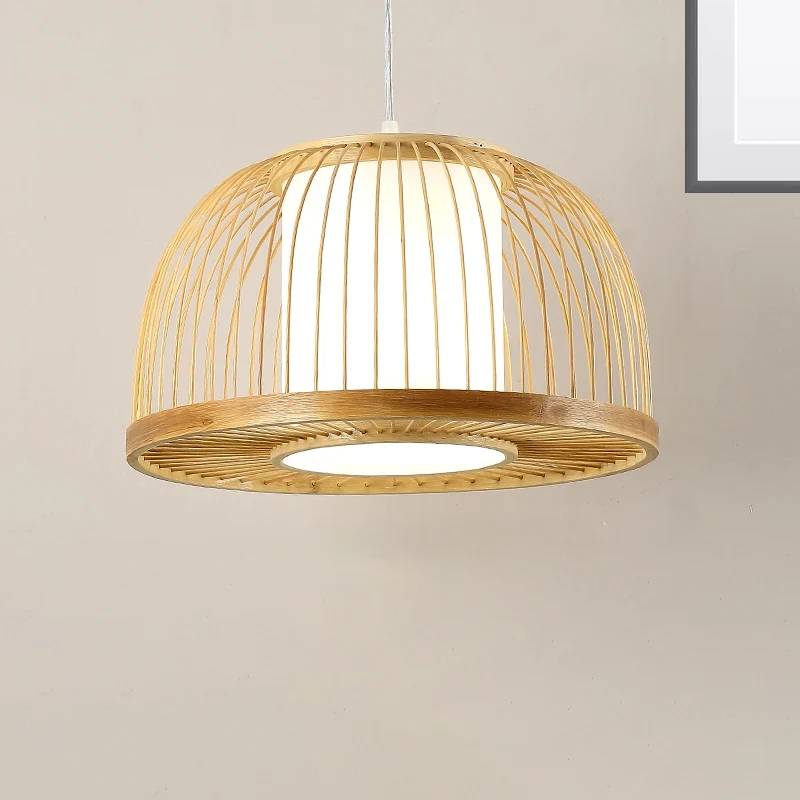 Koepel hanglamp modernisme bamboe 1 lamp 14"/16" brede houten plafondhanglamp met stoffen binnenkap Clearhalo